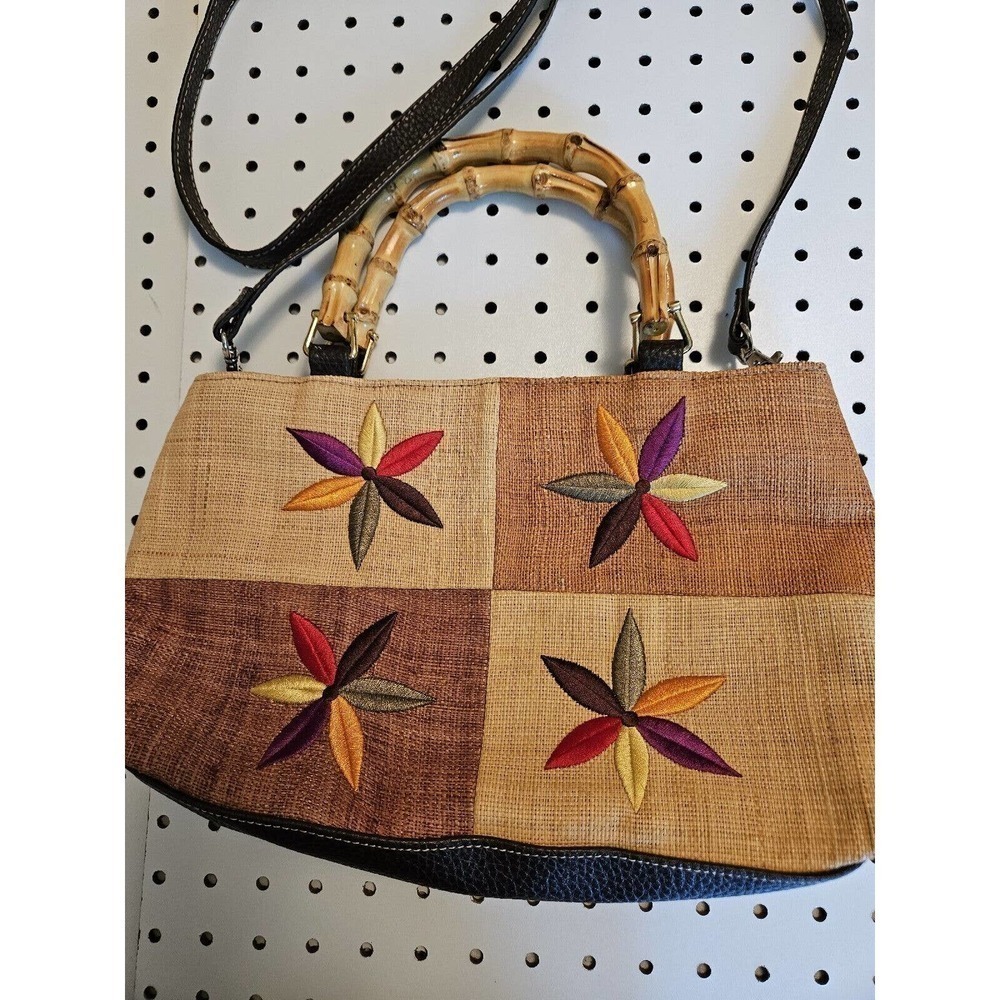 Liz Claiborne Vintage Straw Bag with Embroidery Design Bamboo Handles Cean